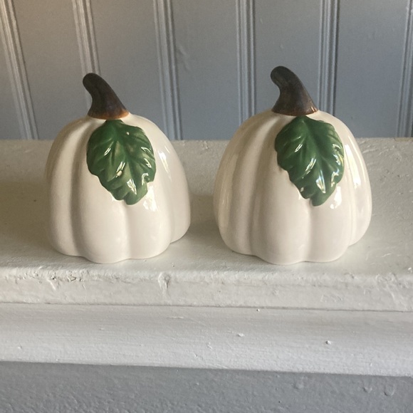 NWT- Set of 2- White Green Leaf Porcelain Glazed Fall Pumpkin Decorations - Picture 4 of 16